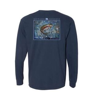 NWT Onward Reserve Jumping Rainbow Fish Blue Long Sleeve Cotton Pocket Tee